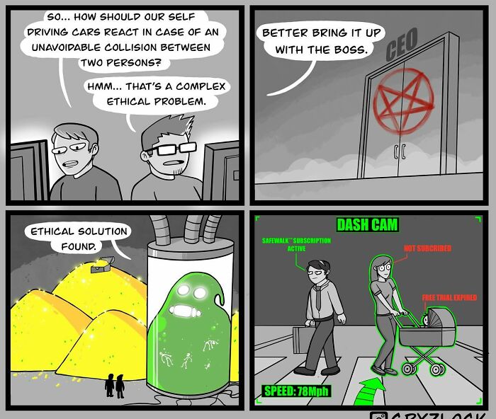 Comic panels showing a dark, weird, and funny scene about ethical problems and self-driving cars with a dash cam view.