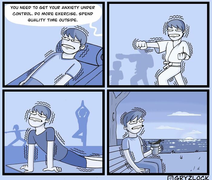 Comic panels showing a nervous person trying exercise and martial arts, illustrating funny weird dark comic moments.