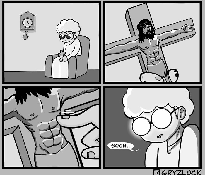 Black and white comic panels showing a humorous and dark scene involving a crucifix and a character holding a cross.
