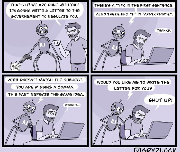 Comic strip featuring a man and a robot discussing grammar errors in a darkly funny and weird interaction.