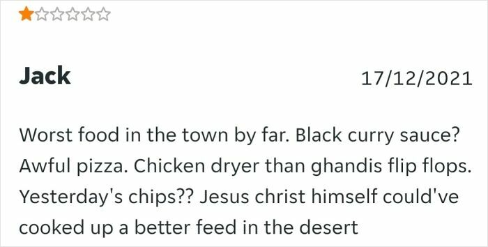 One-star humorous product and service review by Jack criticizing food quality and presentation with witty remarks.