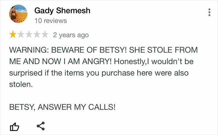 Screenshot of a humorous product review warning about theft and calling out Betsy, showcasing an immaculate sense of humor in reviews.