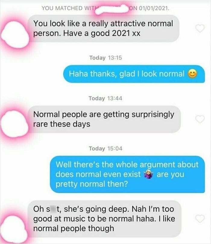 Screenshot of a cringy online conversation showing a man awkwardly hitting on a woman discussing what it means to be normal.