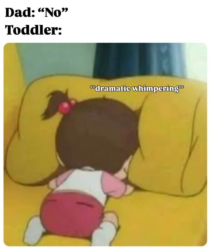 Toddler dramatically whimpering facing couch after dad says no, capturing relatable parenting moments and cool mom humor.