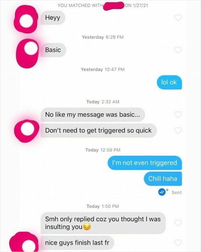 Screenshot of a cringy men hitting on women conversation showing awkward and defensive messages in a dating app chat.