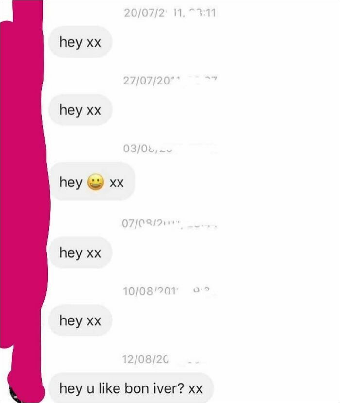 Screenshot of cringy men repeatedly texting hey with kisses and awkward questions in a conversation.