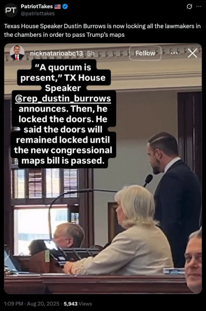 Texas House Speaker locking lawmakers in chambers, bold tweet highlighting political actions on congressional maps bill debate.