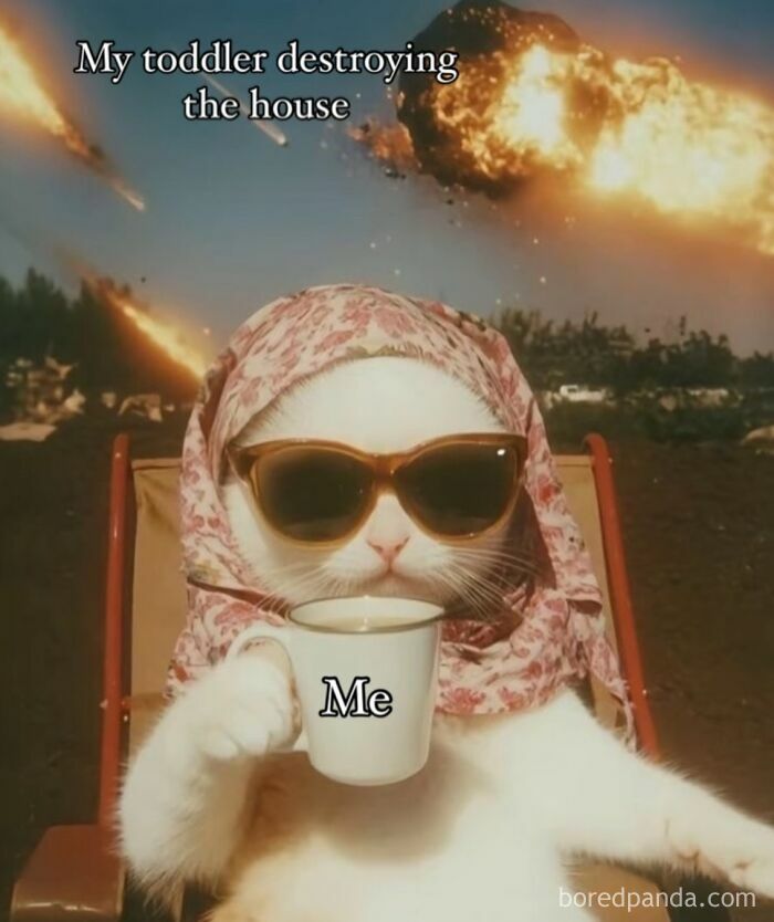 Cat wearing sunglasses and a headscarf calmly drinking coffee while meteors fall, showing cool mom parenting humor.