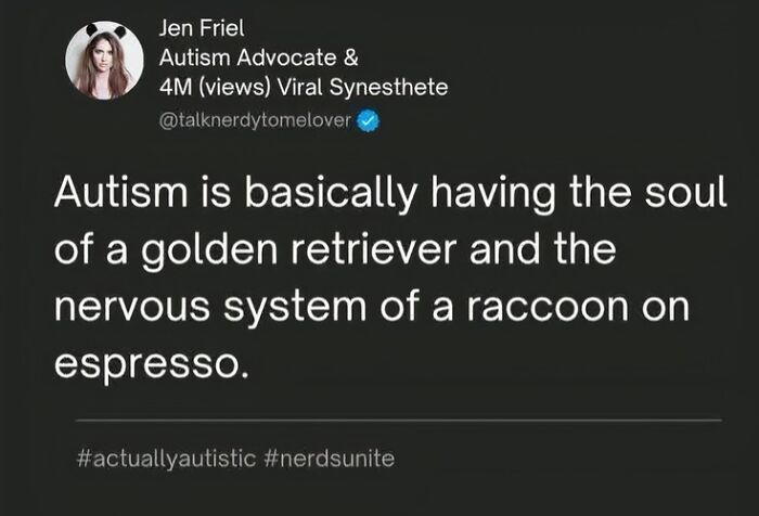 Tweet by autism advocate Jen Friel describing autism using humor related to neurodivergent people’s experiences.