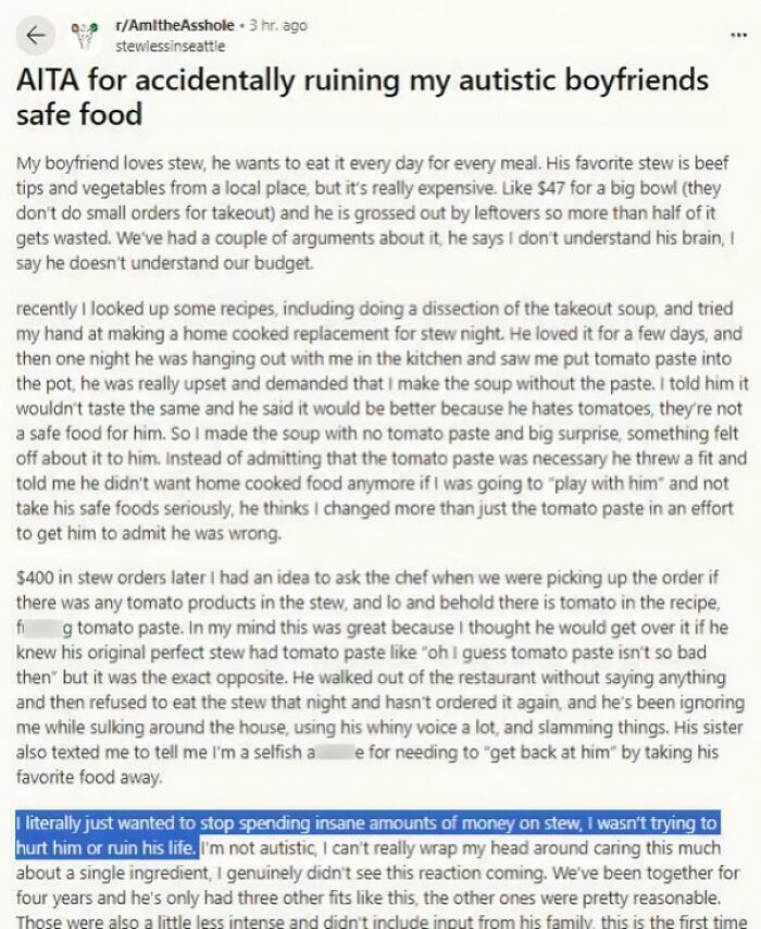 Text post about accidentally ruining a boyfriend's safe food, highlighting unique sentences and unusual reactions.