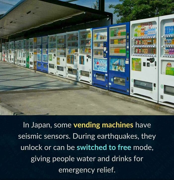 Amazing Photos - row of Japanese vending machines offering drinks, equipped with seismic sensors that can switch to free mode