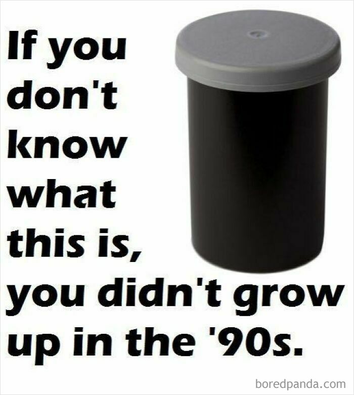 Black film canister with text saying if you don't know this, you didn't grow up in the '90s nostalgia club.