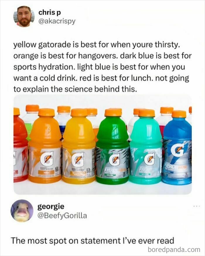 Tweet about different Gatorade flavors for various needs with colorful bottles shown, in a 90s nostalgia club post.