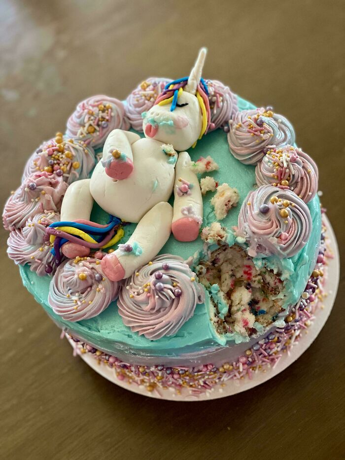 Colorful baked goods featuring a decorated unicorn cake with pastel frosting and sprinkles, showcasing kitchen baking magic.