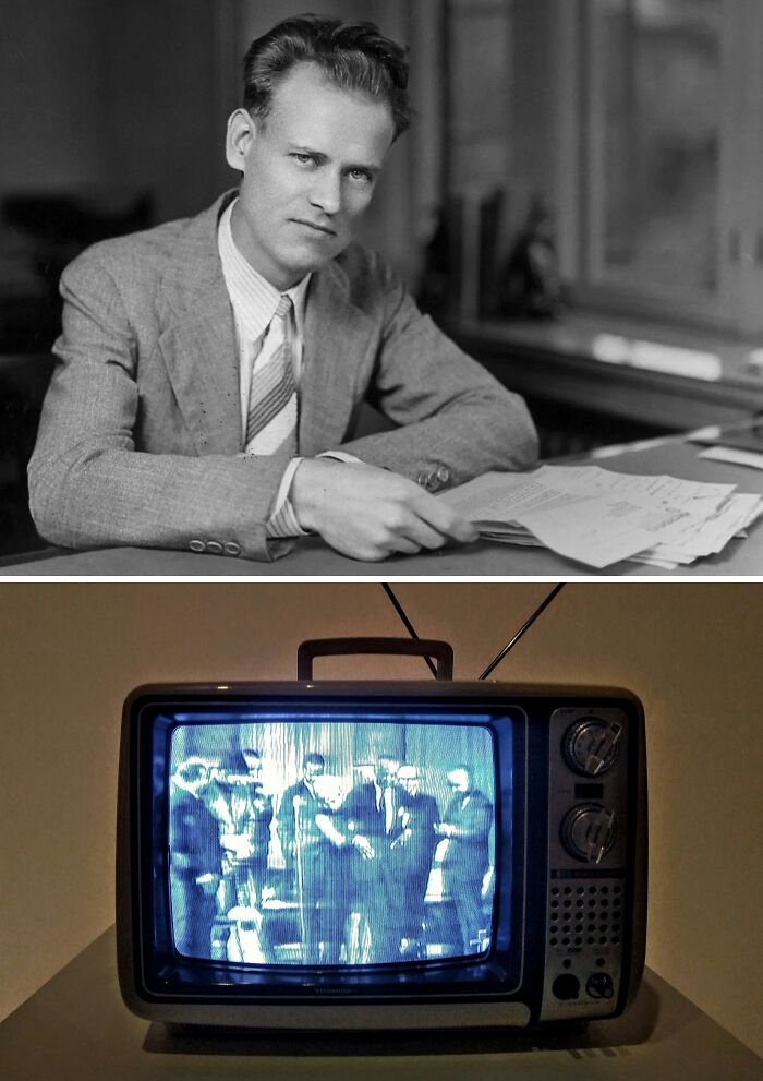 Black and white portrait of an inventor and an old television set showing a vintage broadcast, related to everyday inventions.