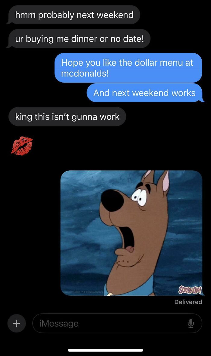 Text message conversation showing delusional behavior with demands for dinner and a Scooby-Doo reaction image. Text message conversation showing delusional behavior with demands for dinner and a Scooby-Doo reaction image.