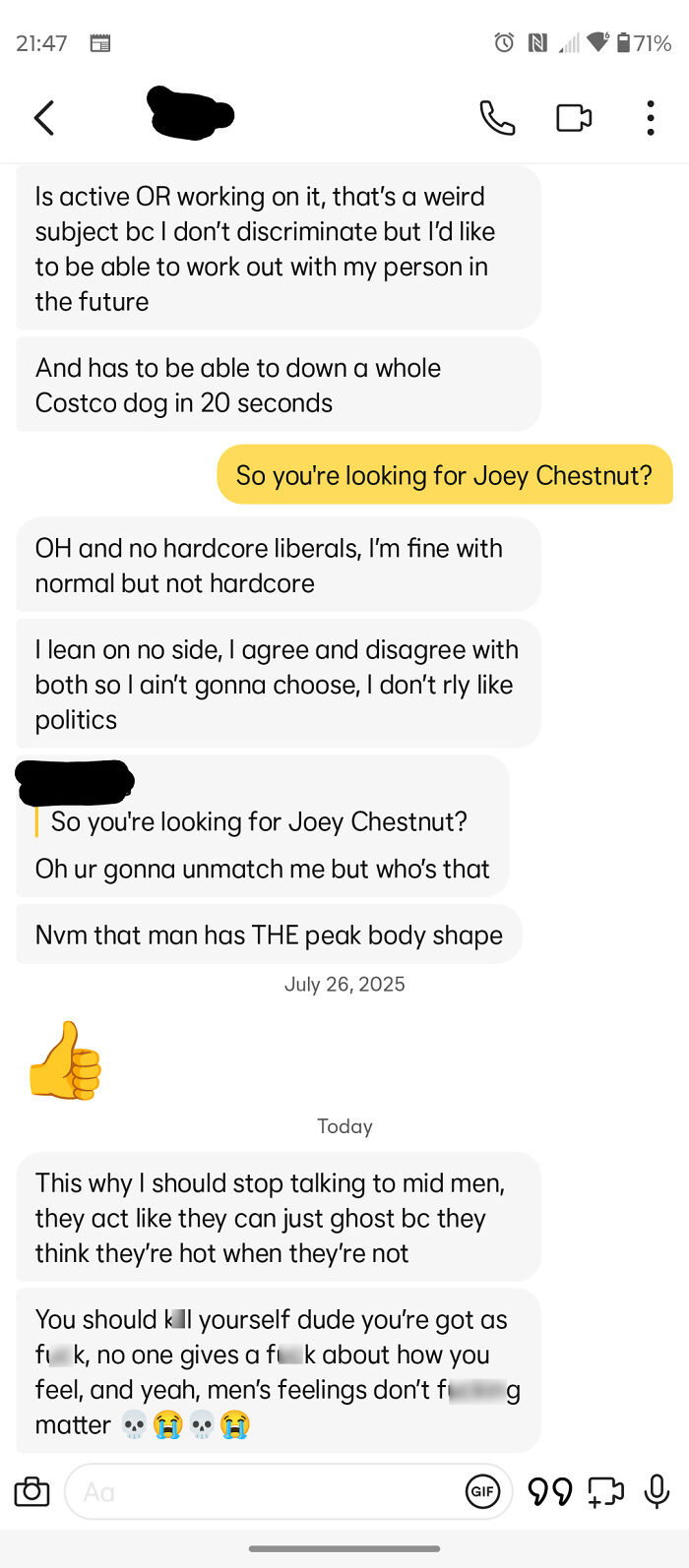 Text message screenshot showing a conversation reflecting delusional behavior from a woman expressing harsh opinions about men.