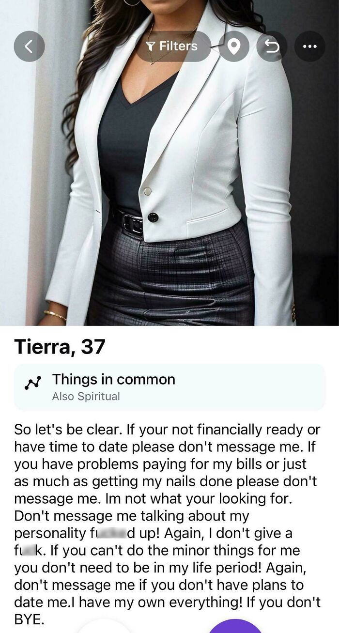 Woman in white blazer and leather skirt with a bold dating profile highlighting delusional behavior and financial expectations. Woman in white blazer and leather skirt with a bold dating profile highlighting delusional behavior and financial expectations.
