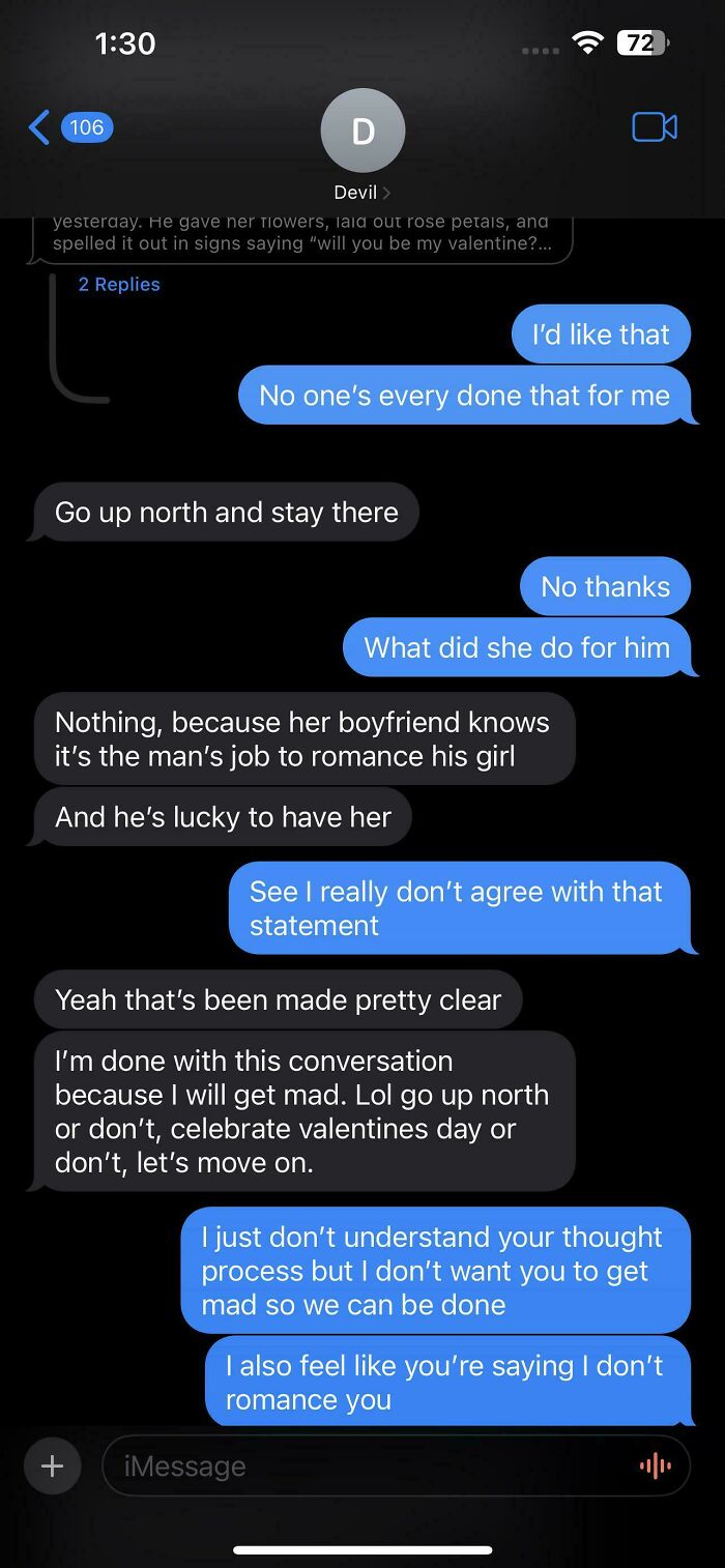Text message conversation revealing delusional behavior in a woman arguing about romance expectations and Valentine's Day.
