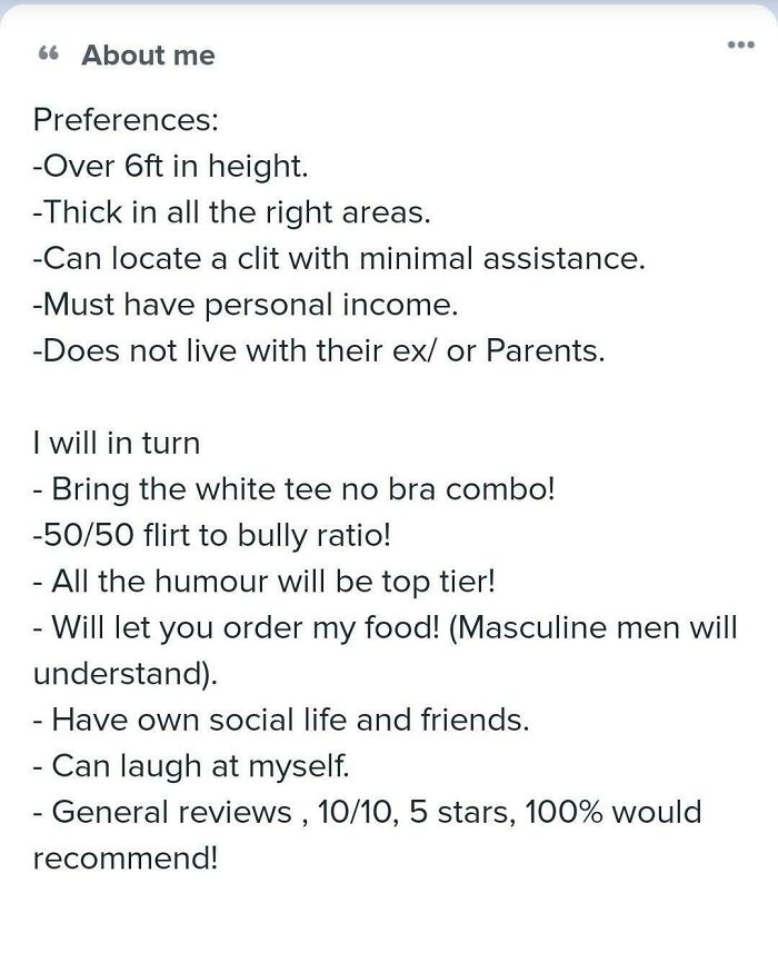 Text image showing a humorous list of personal preferences and traits, highlighting delusional behavior in women.