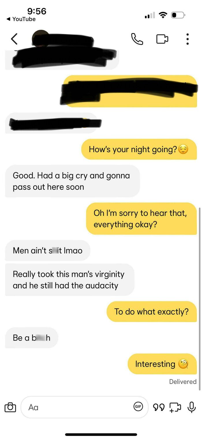 Text message conversation showing a woman exhibiting delusional behavior in a chat exchange criticizing a man's actions.