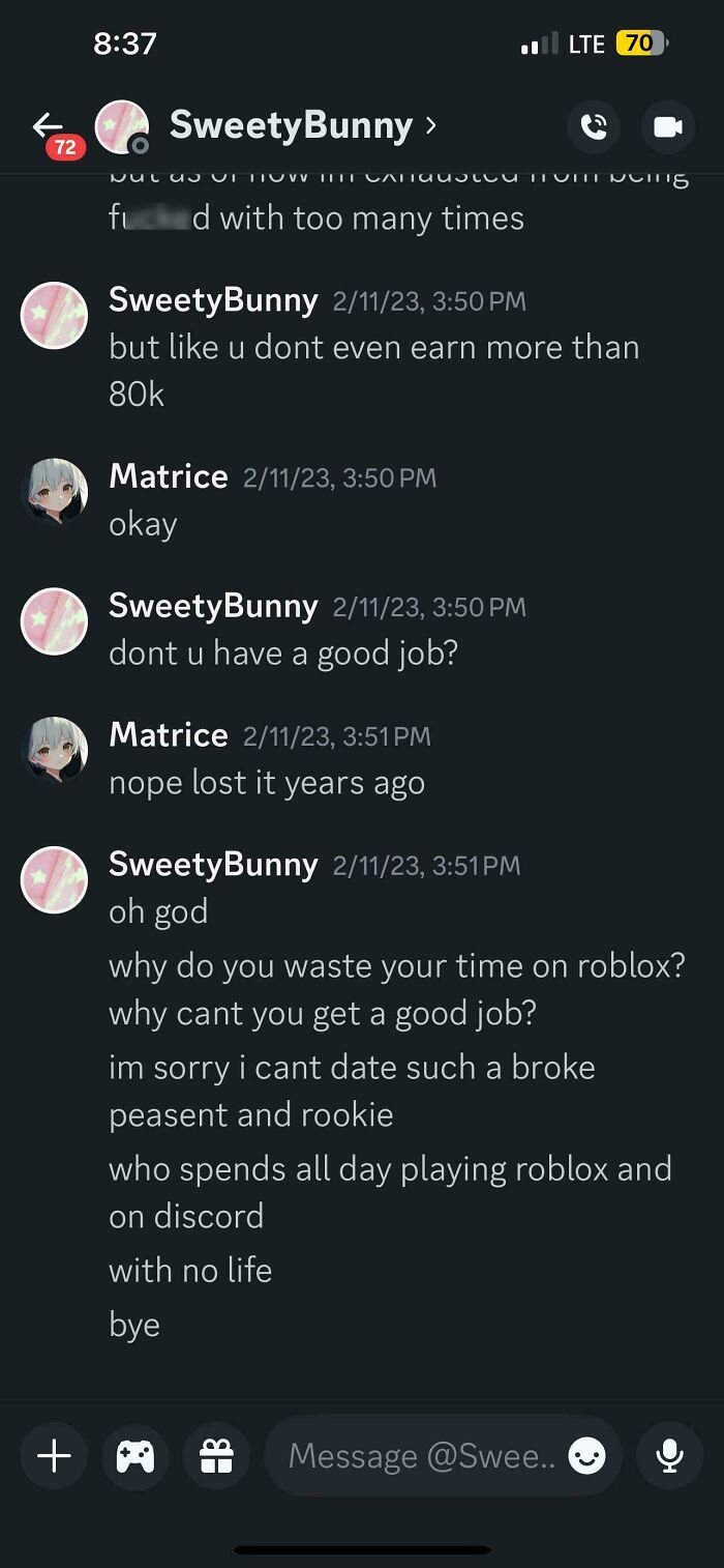 Chat screenshot showing a woman called out for delusional behavior insulting another for job and lifestyle on Discord.