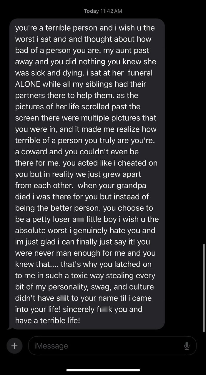 Screenshot of a long emotional text message illustrating delusional behavior and toxic relationship issues.