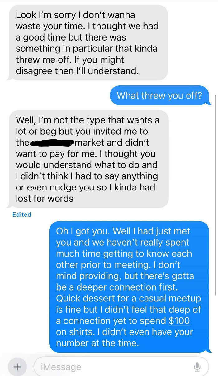Text conversation showing a woman exhibiting delusional behavior about payment expectations during a casual meetup.