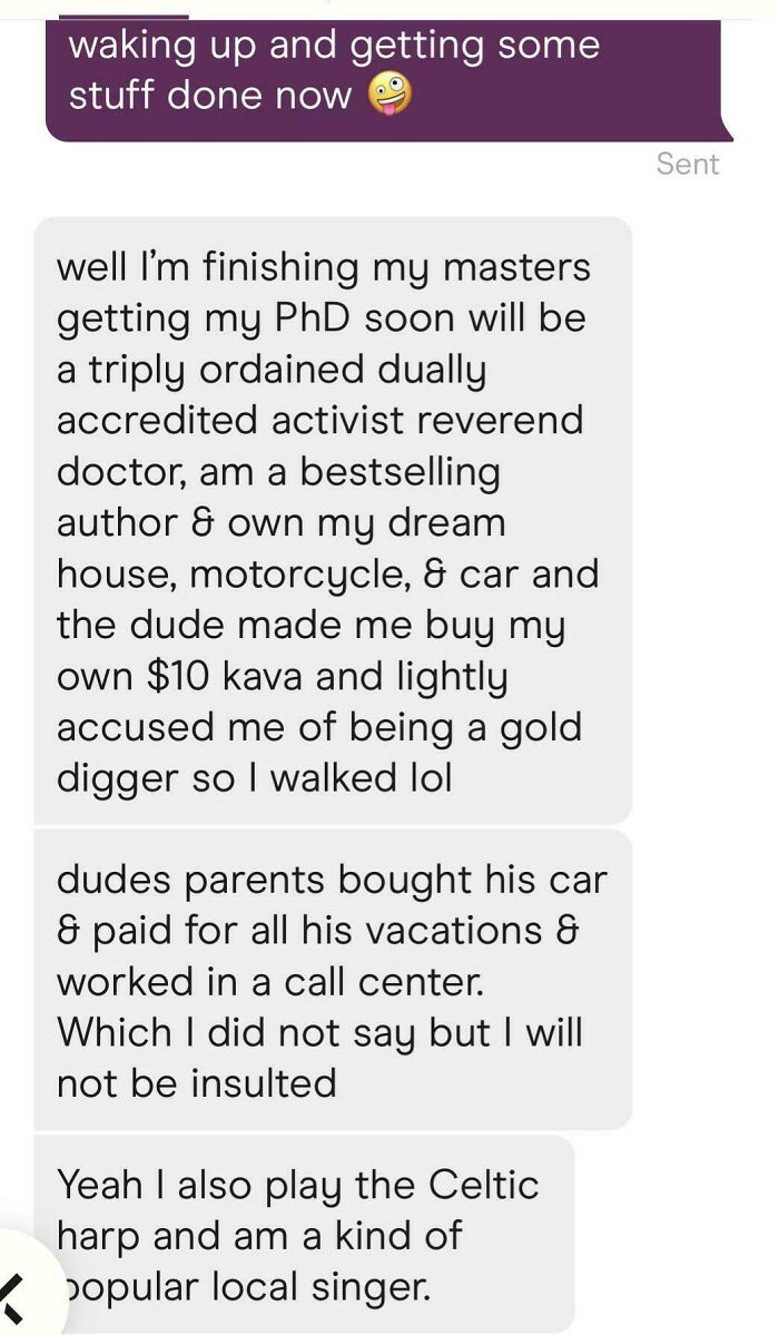 Text message conversation showing delusional behavior claims by a woman boasting about achievements and rejecting insults.