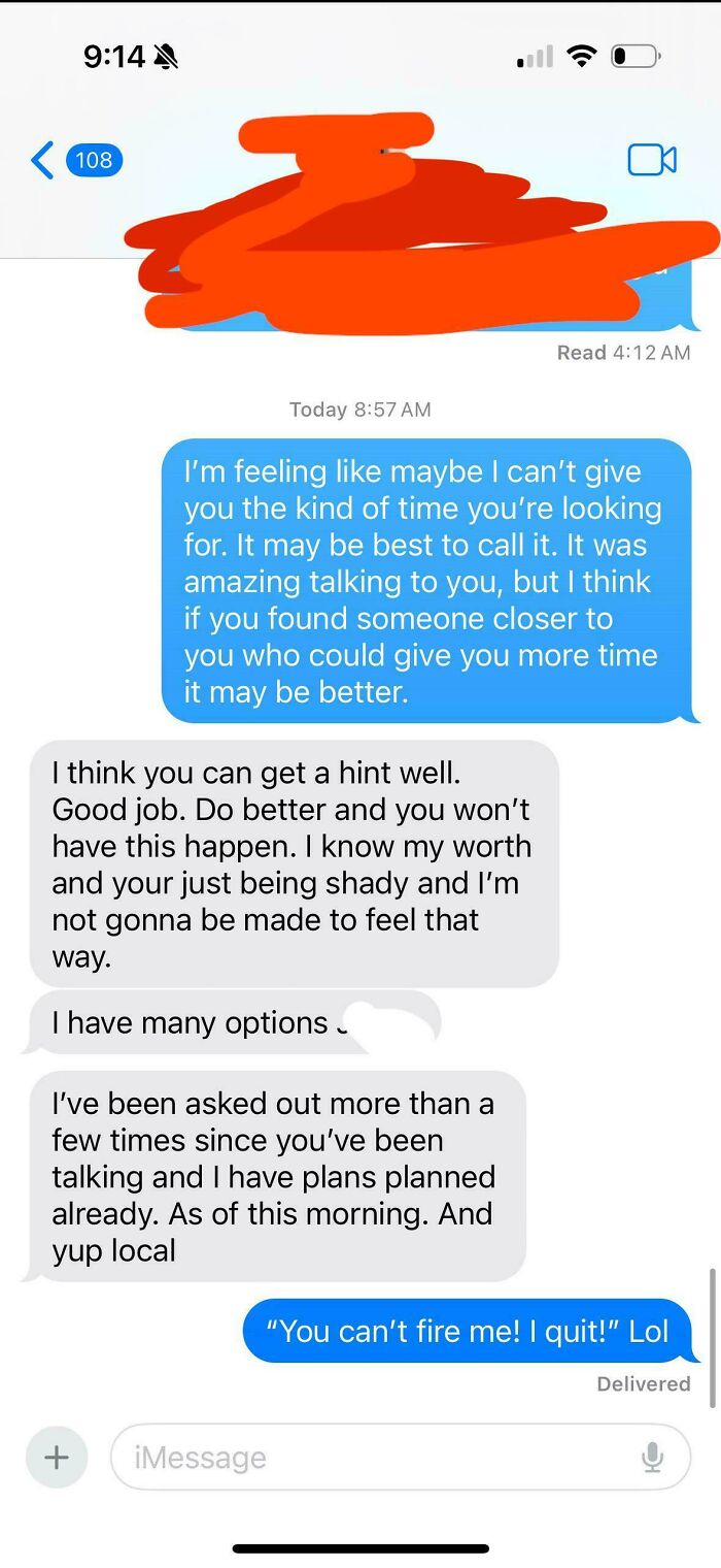 Text message exchange showing a woman displaying delusional behavior while being called out in a conversation.