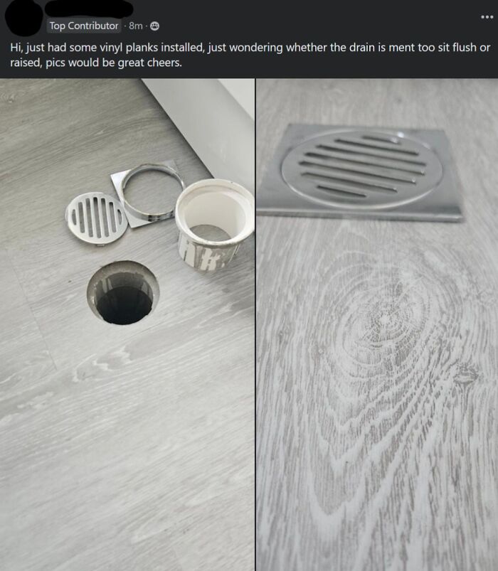 DIY disaster showing a misaligned floor drain installation on vinyl planks with pieces placed beside the hole.