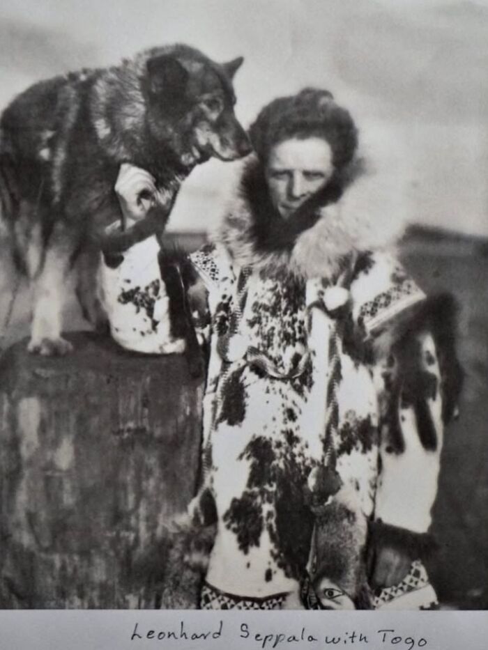 Historic photo of a man in fur coat with a sled dog, showcasing fascinating historical photos of pets and their bond.