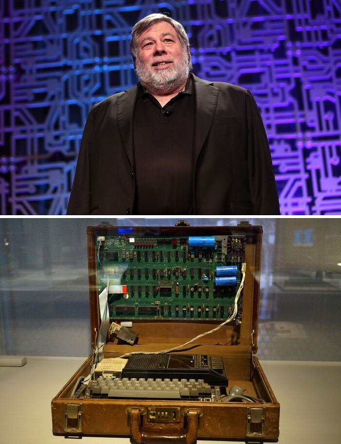 Steve Wozniak presenting and an early Apple computer, showcasing everyday inventions and the brilliant minds behind them.