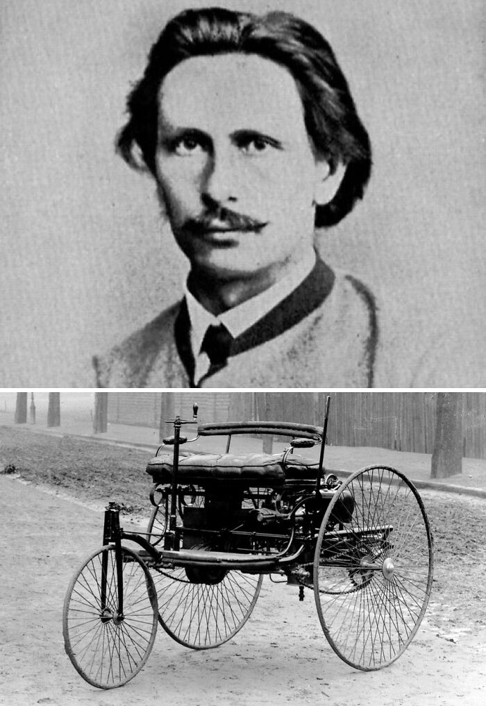 Portrait of an inventor with a vintage three-wheeled automobile showcasing everyday inventions and brilliant minds.