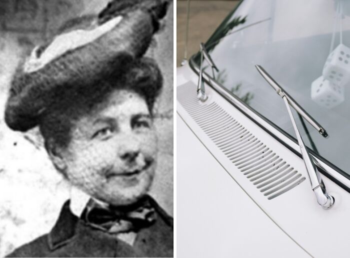 Black and white photo of a woman inventor paired with a close-up of car windshield wipers, everyday inventions concept.