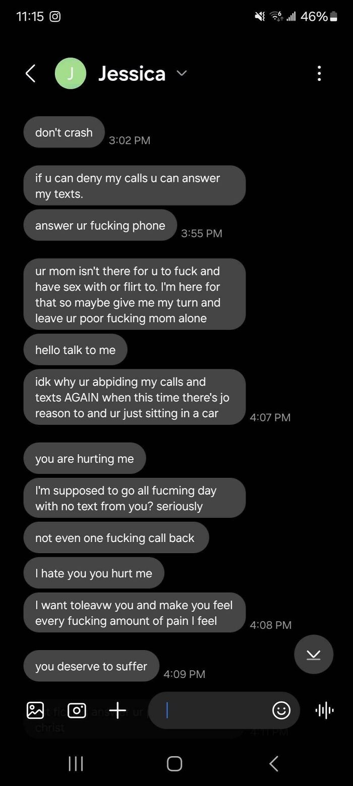 Text messages from a woman displaying delusional behavior with angry and hurtful demands to answer her calls and texts.
