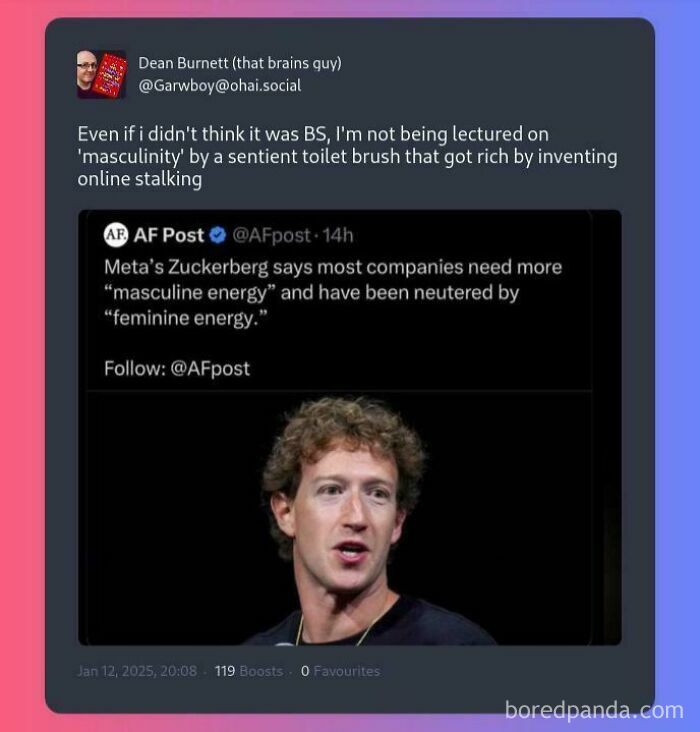 Tweet criticizing Meta’s Zuckerberg about masculine energy with a humorous and unique sentence in a social media post.