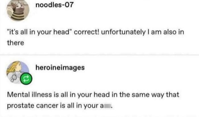Screenshot of a social media exchange with unique sentences about mental illness humor and perspective.