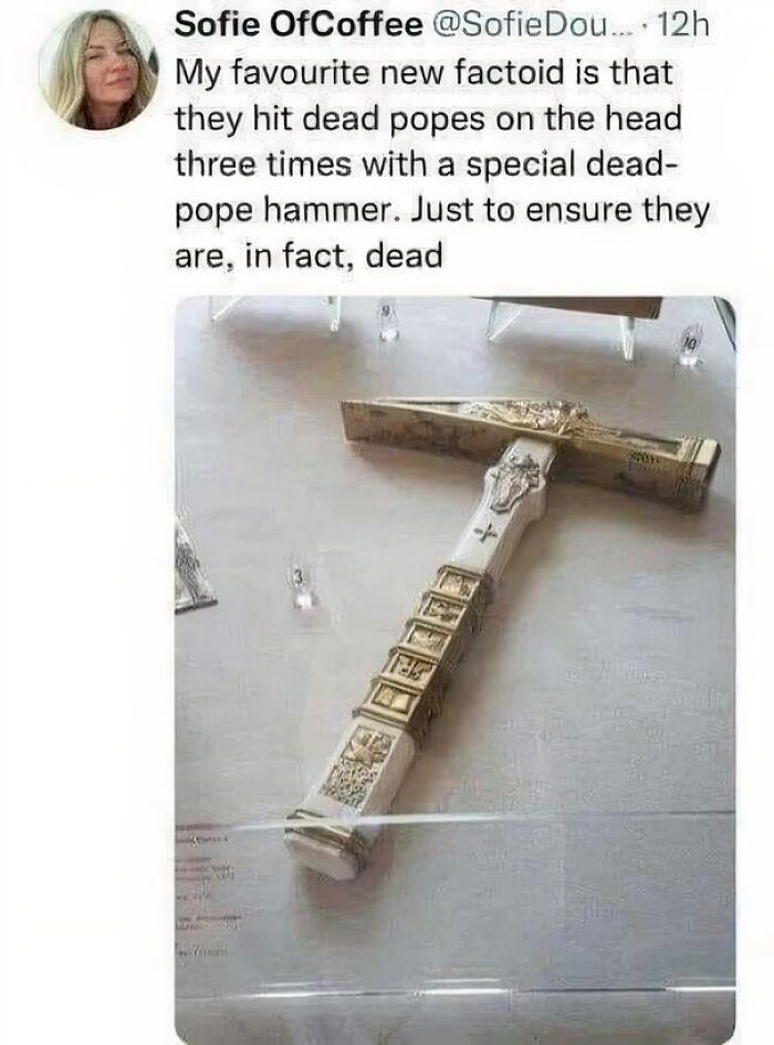 Social media post sharing a unique sentence about a special dead-pope hammer, part of 85 times people said sentences.
