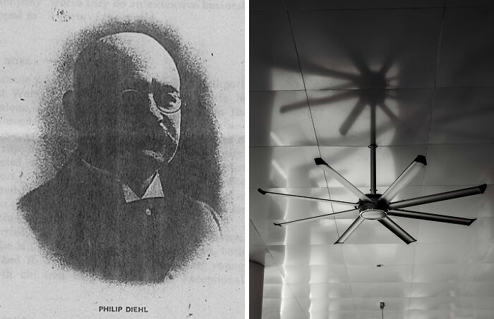 Black and white photo of inventor Philip Diehl beside a modern ceiling fan, showcasing everyday inventions and their brilliant minds.