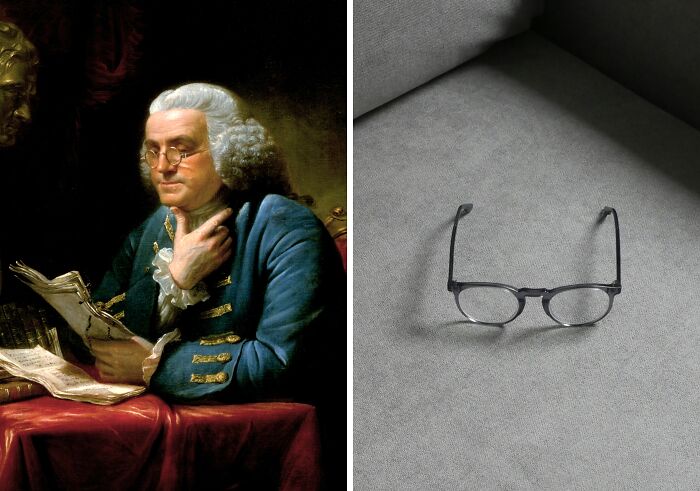 Portrait of inventor Benjamin Franklin reading with bifocal glasses next to a modern pair of reading glasses on a couch.