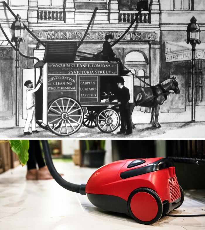 Early vacuum cleaner invention sketch and modern vacuum cleaner on floor showcasing everyday inventions.