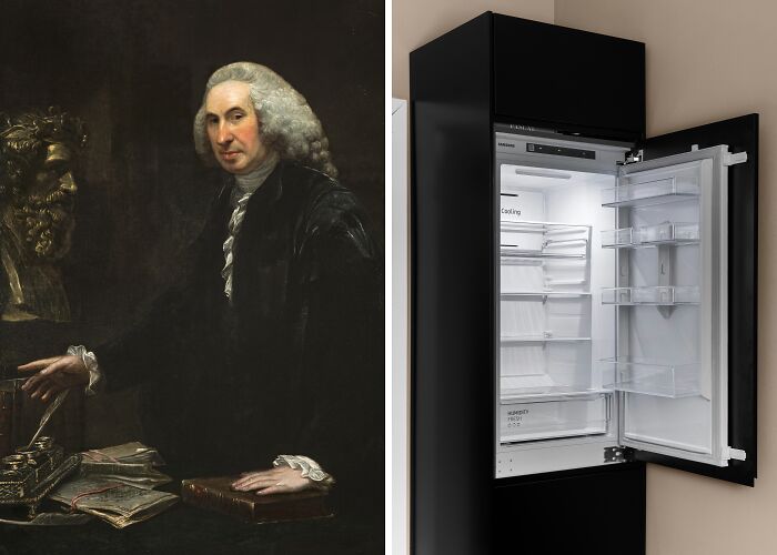 Portrait of an inventor alongside a modern open refrigerator representing everyday inventions and their brilliant minds.