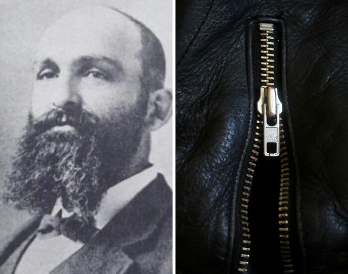 Inventor Elias Howe known for the sewing machine invention and a close-up of a zipper on black leather, everyday inventions.