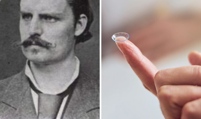 Black and white portrait of an inventor beside a close-up of a fingertip holding a contact lens invention.
