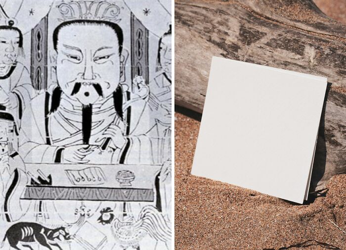 Illustration of an inventor with ancient tools alongside a blank note pad on sand representing everyday inventions.