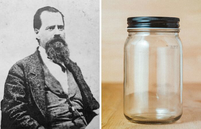 Inventor of the Mason jar pictured next to the clear glass jar, showcasing everyday inventions and brilliant minds.