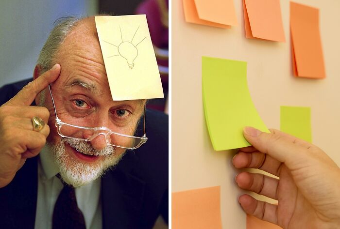 Elderly man with a sticky note of a lightbulb on his forehead, symbolizing brilliant minds behind everyday inventions.
