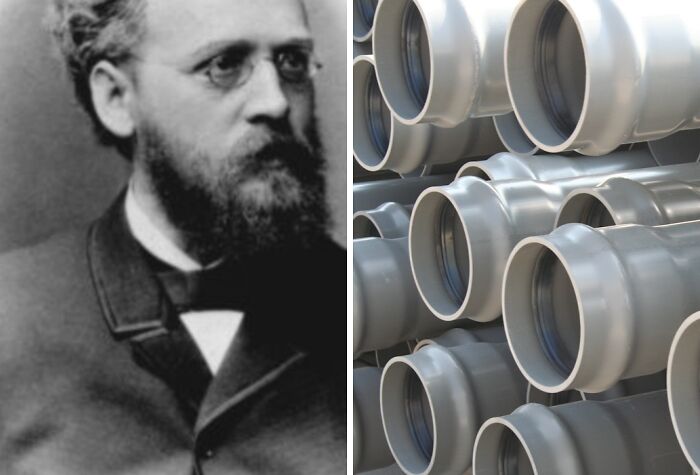 Portrait of an inventor paired with stacked PVC pipes, illustrating everyday inventions and the brilliant minds behind them.