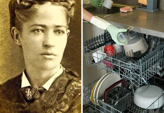 Portrait of a historical inventor alongside a dishwasher filled with dishes, highlighting everyday inventions and their creators.